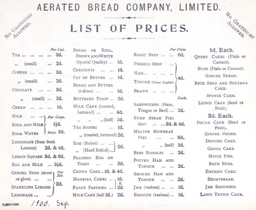 Aerated Bread Company menu circa 1900