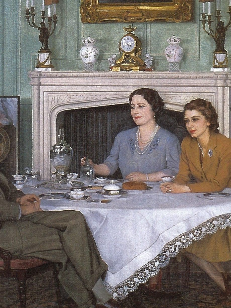 Conversation Piece painting; the royal family having tea in the afternoon at the Royal Lodge, Windsor 